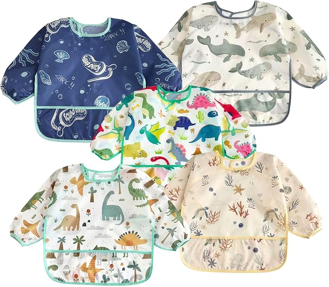 PandaEar 5 Pack Baby Long Sleeve Bibs| Waterproof Full Sleeve Bib for Baby Infant Toddler 6-36 Months