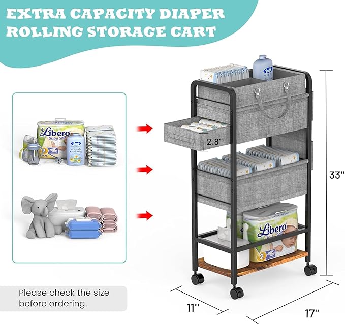 2In1 Baby Diaper Caddy & 4-Tier Rolling Diaper Cart, Diaper Caddy Organizer Cart with Dividers & Drawer, Mobile Metal Bedside Cart for Nursery Essentials Storage, Large Capacity