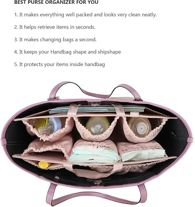 Lmbabter Removable Organizer Insert with Insulated Pocket,Updated Diaper Bag with 11 Total Pockets&Changing Pad, Handbag Tote Bag for Women Mommy Nurse (Pink)