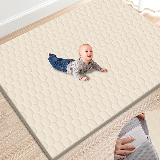 TINYHARBO Premium Foam Baby Play Mat 71" x 59" with Removable Cover, Extra Thick Padding Playpen Mat, Non-Slip Floor Mat, Stylish & Easy to Clean for Crawling Baby, Infants & Toddlers, Beige