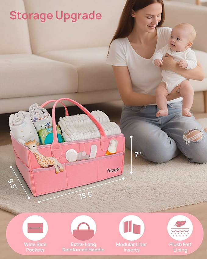 Feagar Baby Diaper Caddy Organizer, 15 Inch Large with 8 Pockets & 2 Dividers, Portable Nursery Storage Basket & Car Organizer for Changing Table, Travel (Pink)