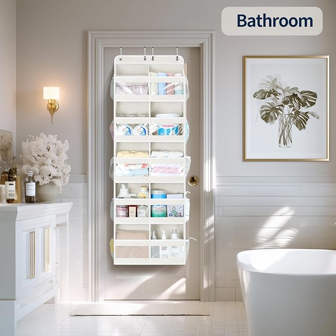 Yecaye 5-Tier Over The Door Organizer Dual-Column, 80lbs Load Extra Large Over The Door Storage of 10 Compartments, Heavy Duty Door Organizer Hanging for Closet Dorm Bathroom Pantry, Cream White