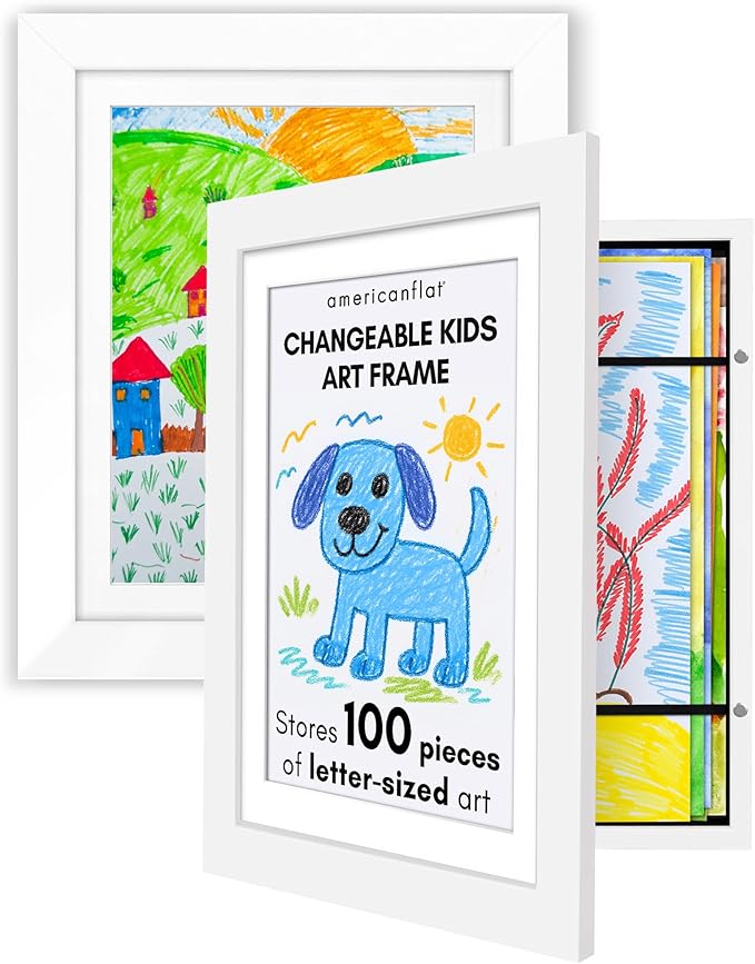Americanflat - 2 Pack - Kids Artwork Frame Changeable (White) - Magnetic Door Holds 100 Art Pieces - 8.5x11 Letter Size Display with Mat or 10x12.5 Without Mat - My Mini Masterpiece