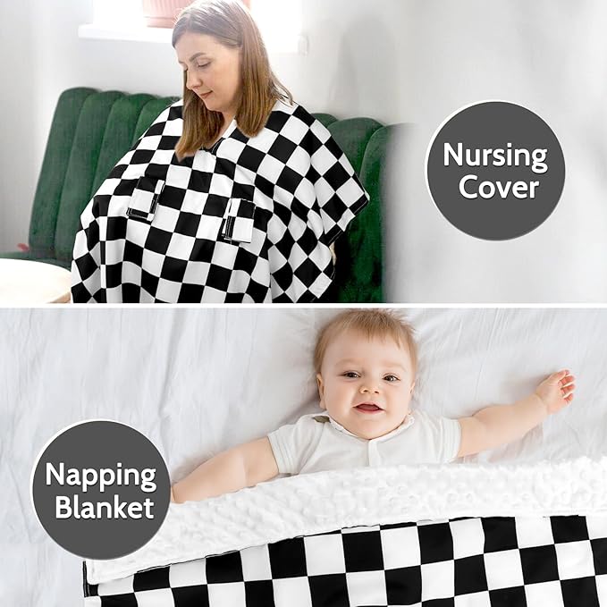 DILIMI Baby Car Seat Cover, Minky Warm Car Seat Covers for Babies, Peekaboo Opening Infant Car Seat Cover, Nursing Cover Carseat Canopy, Black Checkered