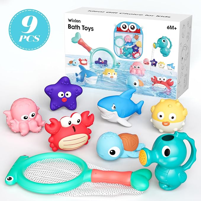 Mold Free Bath Toys for Toddlers, No Hole Baby Bath Toy Set with Storage Bag, Ocean-Themed Bathtub & Pool Toys for Infants 6-12 Months and Kids Ages 1-3, 2-4 & 3-5