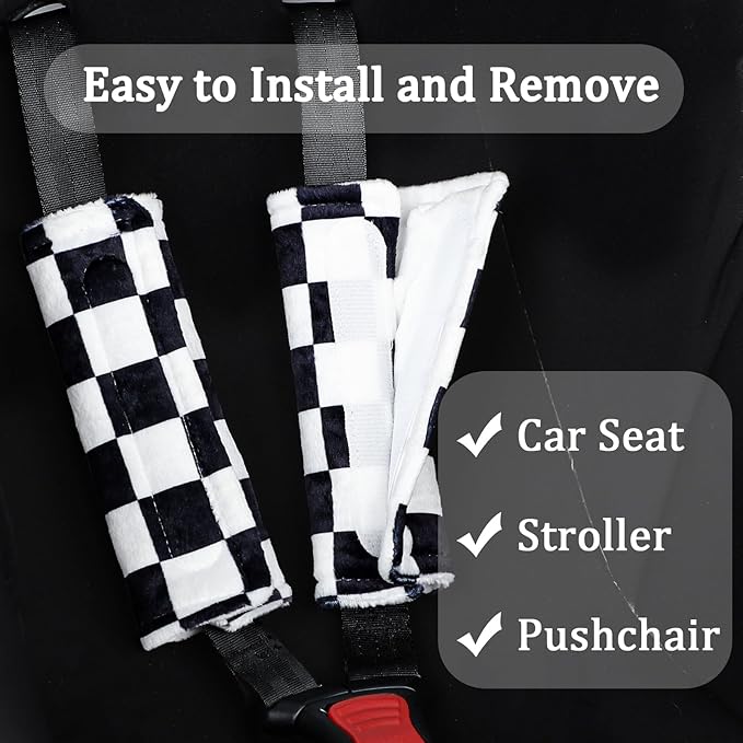 DILIMI Baby Car Seat Belt Covers, 2Pcs Carseat Shoulder Strap Pads, Soft Minky Car Seat Neck Covers, Newborn Car Seat Strap Protectors, Stroller Strap Covers for Baby Kids, Black Checkered