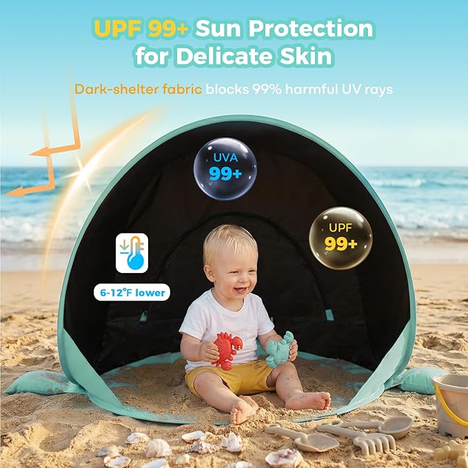 Gorich Pop Up Baby Beach Tent with UPF50+ UV Protection, Portable Toddler Sun Shelter with Mesh Ventilation, Lightweight & Foldable Play Shade Tent for Beach, Park & Backyard
