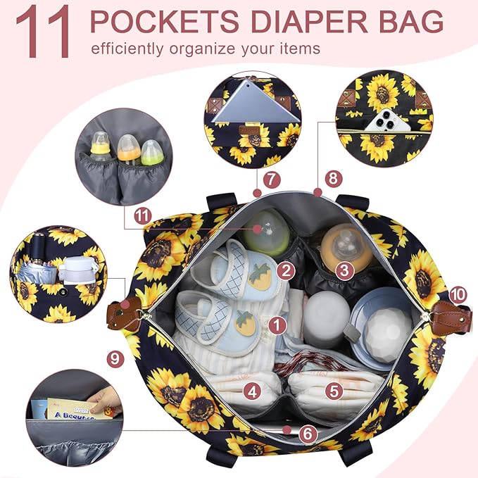 Pritent Diaper Bag Tote - Diaper Baby Bags with Pacifier Case, Shoulder Straps, Stroller Clips, Waterproof Large Mommy Maternity Travel Baby Bag for Mom and Dad, Sunflower, Medium