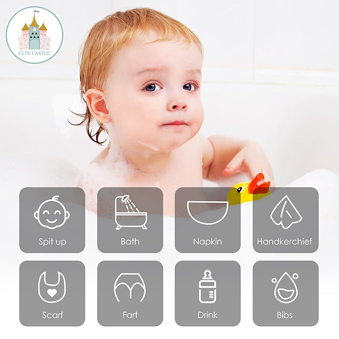 Cute Castle 12 Pack Muslin Baby Washcloths - Large 12'' by 12'' - Ultra Soft 100% Cotton - Super Absorbent Burp Cloths for Unisex, Boy, Girl -Grey