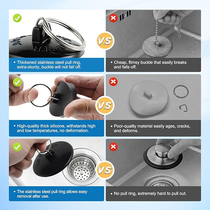 Hibbent 6 Pieces Drain Stopper, Rubber Kitchen Sink Stopper Drain Plug with Pull Ring for Kitchen, Bathtub, Bathroom and Laundry Sink in 6 Different Sizes, Black