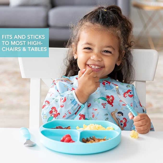 Bumkins Toddler and Baby Suction Plate, Silicone Divided Grip Dish for Babies and Kids, Baby Led Weaning, Children Feeding Supplies, Non Skid Bottom, Platinum Silicone, 6 Mos Up, Blue and Dark Blue