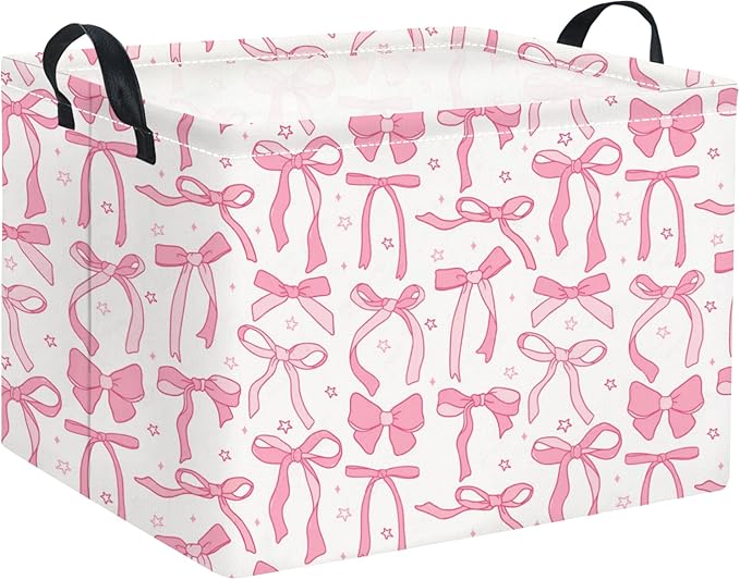 TIBAOLOVER Rectangular Kids Storage Basket for Home Kitchen Girls Cute Storage Bin Organizer Shelf Book Room Decor(Pink Bowknot)