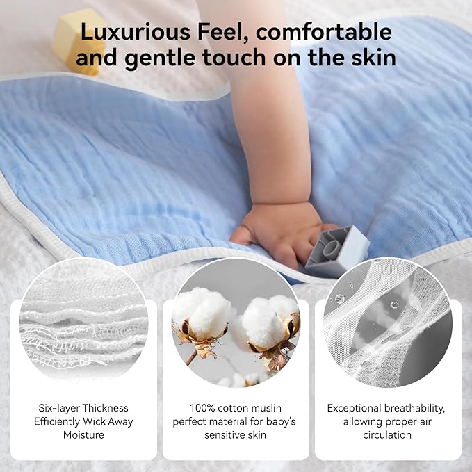 Synrroe Burp Cloths Large, Muslin Burp Cloths for Baby Girls and Boys, Pack of 10 Extra Absorbent and Soft Muslin, 6 Layers 20 by 10 Inches 100% Cotton (Blue 10 Pack)