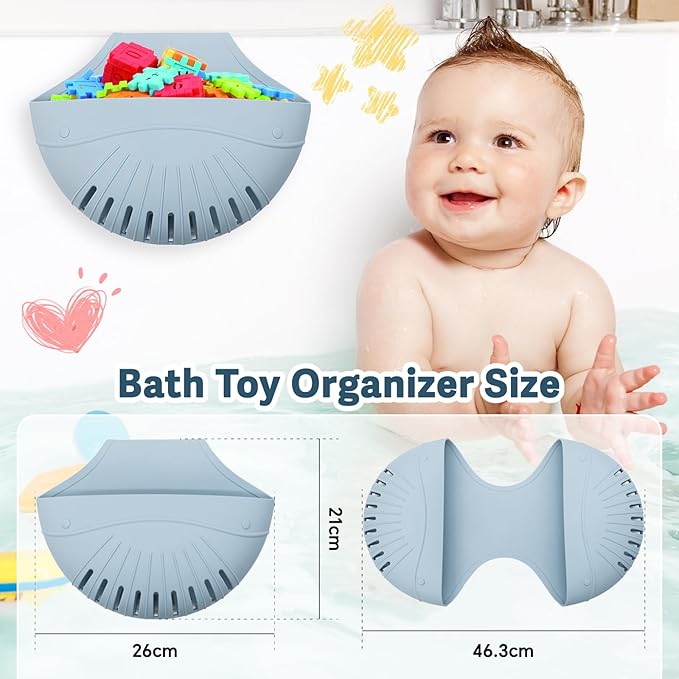 Silicone Bath Toy Organizer for Tub, Flexible 2-Compartment Bathtub Storage Basket for Kids & Adults, Drainable Toy Holder and Foldable Shower Caddy for Bathroom Essentials（Blue）