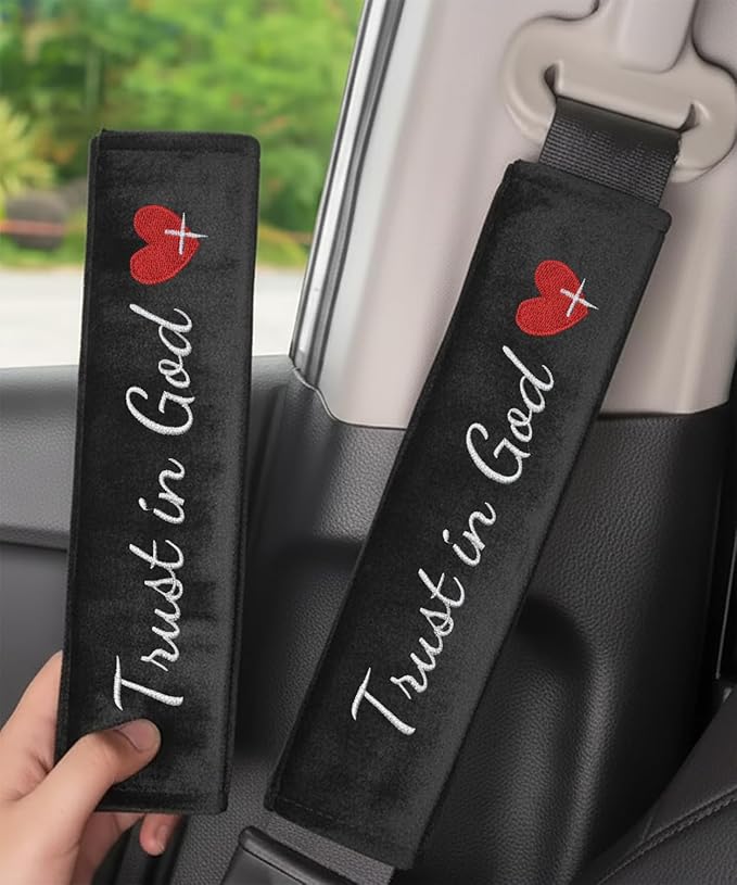 2 Pack Car Seat Belt Cover Pad with 3 PCS Trust in God Rearview Mirror Stickers,Soft Seatbelt Cushion Covers, Christian Car Accessories Gifts for Women and Men