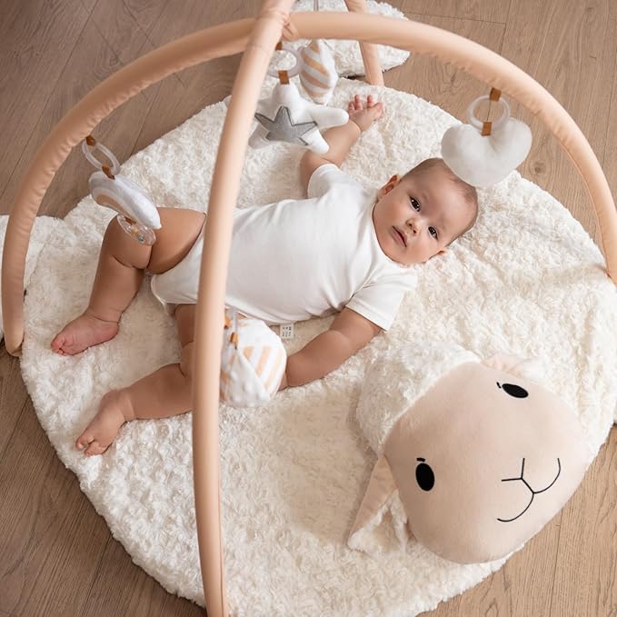 LADIDA Baby Play Mat, Tummy Time Mat with 5 Toys, Washable Baby Activity Mat for Visual, Hearing, Sensory, Motor Development, Little Sheep Playmat