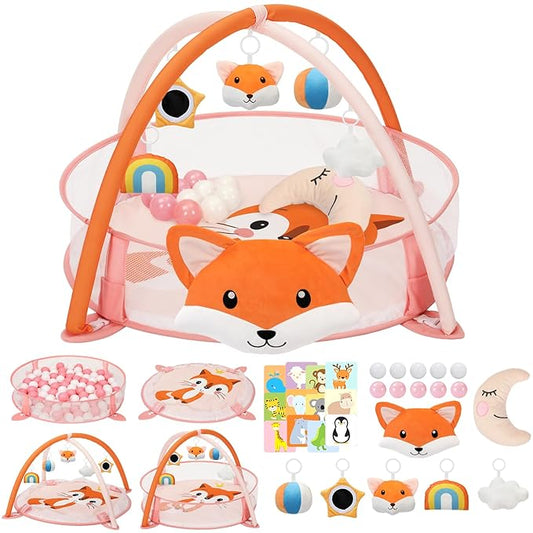 7-in-1 XL Large Baby Play Gym Mat, Tummy Time Mat, Baby Gym & Ball Pit, Baby Activity Mat with Milestone Cards & 6 Detachable Toys for Sensory Motor Skill, Fox