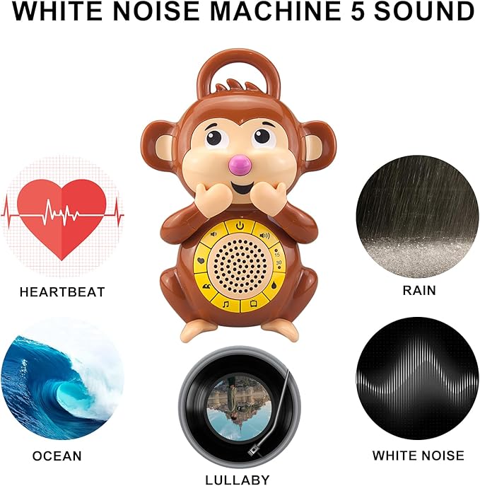 BIGMONAT Monkey Baby Sleep Soother with a White Noise Sound Machine Featuring 5 Soft Ambient Sounds, USB Rechargeable and Lullaby Machine for Sleeping Travel Baby Gift (Brown)