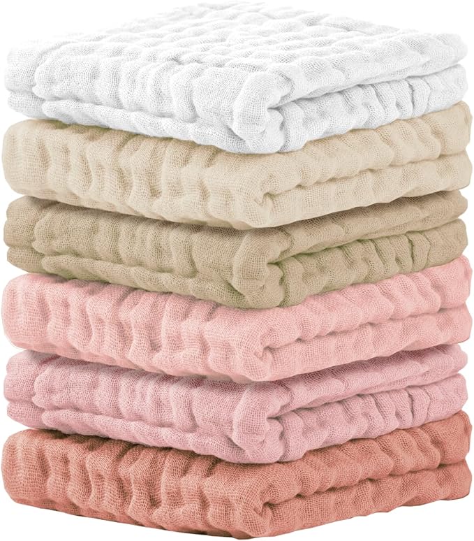 Cuddle Campus Baby Washcloths 6 Packs, Muslin Washcloths Baby,Cotton Burp Cloths, Extra Absorbent and Soft Wash Clothes for Newborns, 12x12 Inches