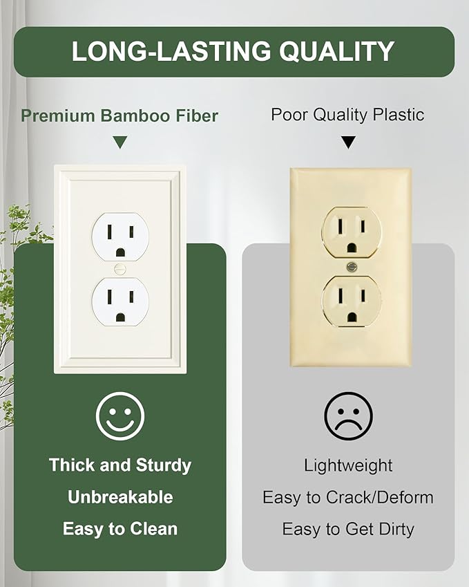 2-Pack Duplex Outlet Cover, Natural Bamboo Fiber Switch Plates and Outlet Covers, Light Almond Decorative Wall Plates for Electrical Outlets, 1 Gang Receptacle Cover, Corrosion Resistant