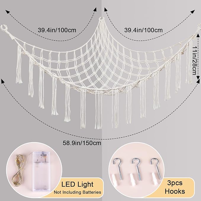 Basumee Stuffed Animals Net or Hammock with LED Light, Hanging Stuffed Animals Storage Toy Hammock Net Corner Wall Girls Room Decor Toy Storage Organizer, White, L