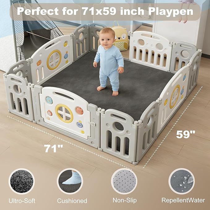 Baby Play Mat for Floor, 1.3" Thick Elasti-Foam Baby Play Mat, 71x59 Playpen Mat for Toddlers Infant Kids, Water Repellent Soft Coral Velvet Crawling Mat for Floor, Non-Slip Backing Safe Dark Grey
