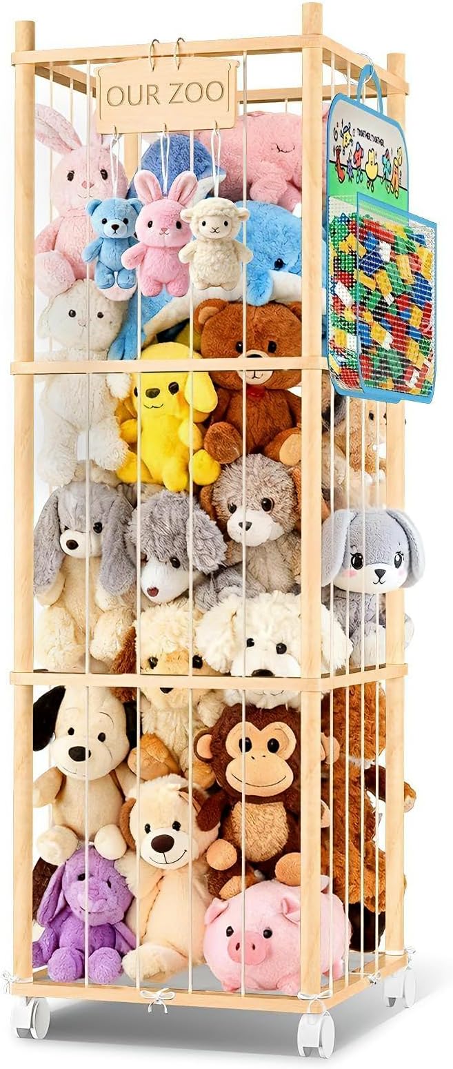 DUOQNY Large Toy Storage Organizer, 54-Inch Wooden Stuffed Animal Cage with Bag & DIY Plaque - Holds Plush Toys, Small Objects for Kids Bedroom, Nursery, Playroom - Gift for Children