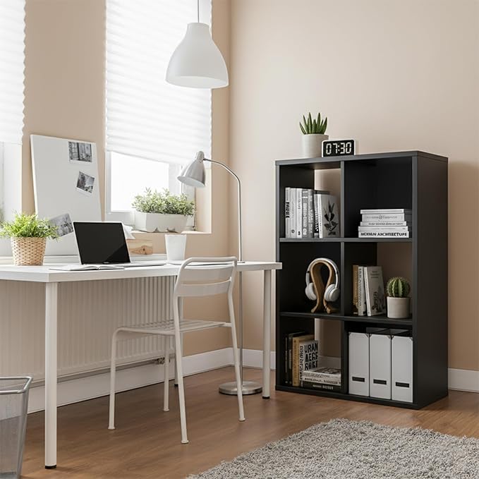 6-Cube Storage Organizer, Black Bookshelf with Open Compartments for Home Office, Modern Bookcase Display Shelf for Living Room, Bedroom & Entryway
