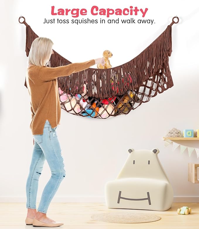 Stuffed Animal Hammock - Extra Large 63'' Long, Stuffed Animal Storage, stuffed animal Holder net, Hammock Large, Storage Hanging Organizer - Chocolate color