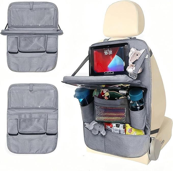 Haoxiang A-P Backseat Car Organizer with Tray, 9 Storage Pockets Back Seat Protector with Foldable Tablet Holder, Waterproof Back of Seat Kick Mats for Kids Adult, Travel Accessories, Gray