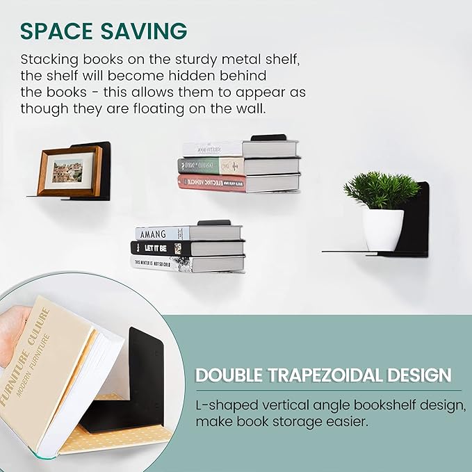 STORAGE MANIAC Floating Book Shelves for Wall Mounted Invisible Floating Bookshelves Heavy-Duty Steel Hidden Bookshelf Hanging Bookshelves for Bedroom Living Room Office, Black 4-Pack Large