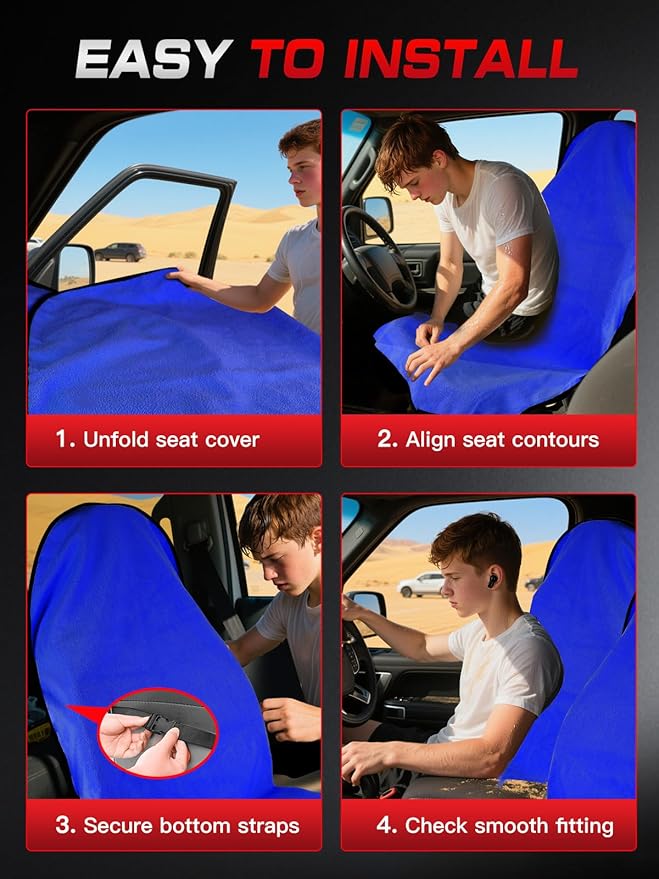 Universal Car Seat Cover Towel, Waterproof Washable Sweat Protection for Front Bucket Seats, Non-Slip Fit, Fits Cars SUVs Trucks, Ideal for Gym, Kids, Pets, Outdoor Sports, Travel (Blue, 1 Pack)