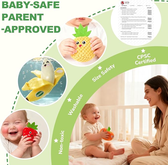Baby Sensory Toys - Plush Color Sorting Fruit Veggie Baby Toys 6-12 Months, Pretend Play Food with Rattle Crinkle for Toddlers 1-3, Birthday Valentines Day Easter Gift for 1 Year Old Boys Girls