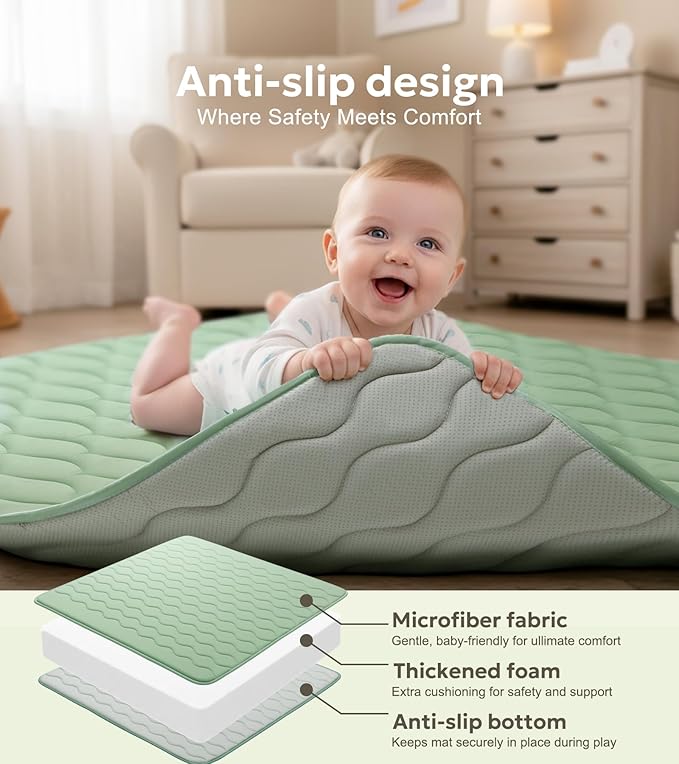Mallify Soft Thicker Baby Mat for Floor 71"x59", Extra Large Baby Play Mat, Non-Slip Playpen Mat, Easy to Clean & Portable Playmat, Crawling Mat for Babies Toddlers, Activity Mat, Green
