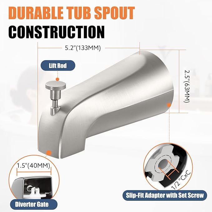 Universal Bathtub Tub Spout with Diverter, Fits 1/2" Slip-Fit Copper Pipe Connection, Pull Down Bathtub Faucet Spout Replacement, Easy Installation (Brushed Nickel)