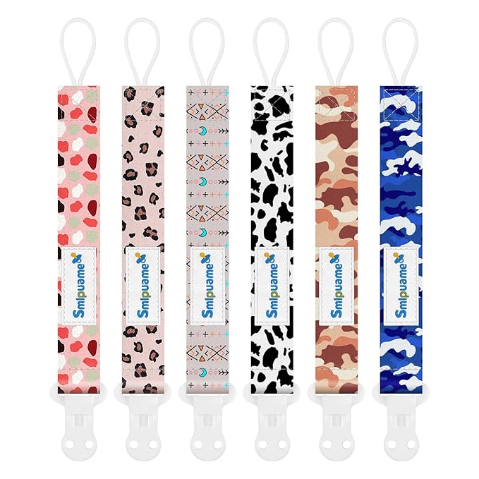 Smlpuame Pacifier Clip for Baby Boys Girl,6 Pack Stylish Binky Clips Strap,Paci Holder with Clips Universal Lightweight Fits Most Pacifiers Teeher Toy Teething Ring,Baby Gifts(Boho & Leopard & Camo)