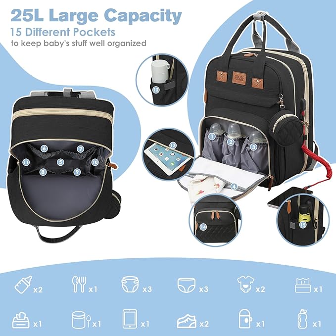 JSTPRO Diaper Bag Backpack, Large Diaper Bag with Changing Station, Baby Bag, New Mom Gifts, Lightweight Waterproof Unisex Diaper Bag with Insulated Pockets and USB Charging Port, Black
