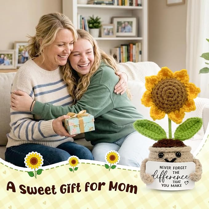 Tiny Detalles Birthday Gifts for Women - Mini Positive Crochet Sunflower, Gifts for Mom from Daughter Son on Mothers Day, Thank You Gifts for Teacher, Coworker, Friends and Sunflower Decor