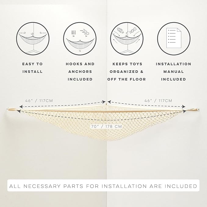 3 Sprouts Large Stuffed Animal Hammock - Corner Wall Toy Net Organizer for Plushie Animals, Teddy Bear Hanging Storage Solution, Stuff Toy Hammock Holder - Includes Anchors & Hooks