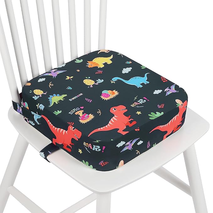 Toddler Booster Seat for Dining Table, 4" Kids Booster Seat for Kitchen Chair with Non-Slip Bottom, Portable Detachable Washable Increasing Cushion with 2 Adjustable Straps (Dinosaur)