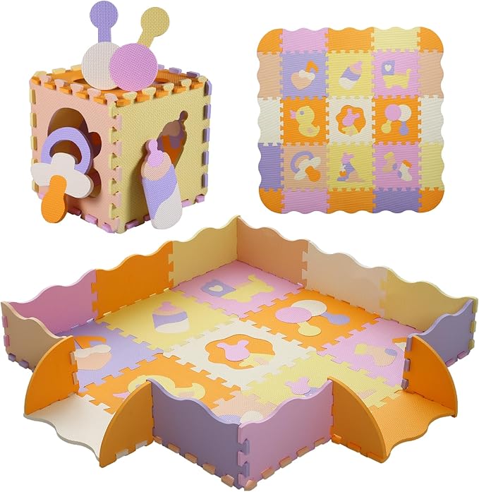 Tamiplay Foam Play Mat for Kids，25Pcs Square Interlocking Puzzle Floor Mat，Baby Play Mat Floor Mat Foam Puzzle Playmat for Toddlers with Fence（Comprehensive-CSH013