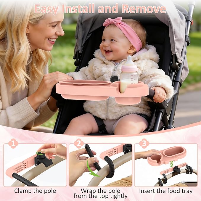 BANGIE Cute Pink Stroller Snack Tray for Girls - Compatible with Uppababy Vista V2, Nuna Mixx, Mockingbird - Aesthetic Attachment with Cup Holder & 3 Detachable Silicone Bowls