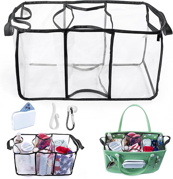AMOIGEE Clear Beach Bag Organizer Insert with 3pcs Accessories for XL Bogg Bag Inserts - Tote Bag Divider with Sunglasses Holder, Phone Holder and Clips Hooks - Beach Tote Insert Organizer Liner