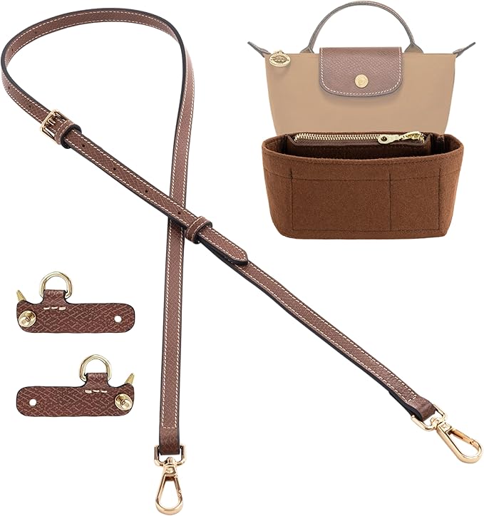 Mini Bag Organizer with Genuine Leather Crossbody Strap Conversion Kit, Compatible with Longchamp Mini Bag – Inner Liner Insert + Strap Kit Set, Brown