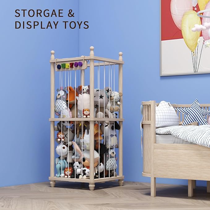 Stuffed Animal Storage Wood Toy Storage Organizer, Upgraded Design from Bean Bag Stuffed Animal Hammock Plushie Net, Large Toy Chest Stuffed animal holder for Kids Nursery Playroom Bedroom （L）