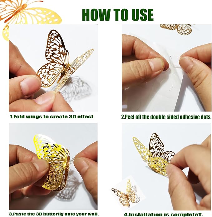 JOSDIOX 3D Gold Butterfly Wall Stickers - 72 Pcs with 4 Styles & 3 Sizes, Removable Decor for Party Birthday Wedding Cake Balloon Decoration (72 Gold)