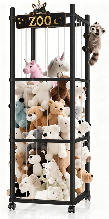 Stuffed Animal Storage Zoo Tower,56In Wooden Large Stuffed Animal Holder Organizer with Wheels,Stuffy Plushies Storage with Elastic Band&Mesh Bottom,Toy Storage Organizers for Playroom Nursery（Black）