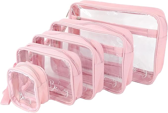 Llama Bella 5 Piece Diaper Bag Organizer Pouch Set, Clear with Straps and Pacifier Case - Pink