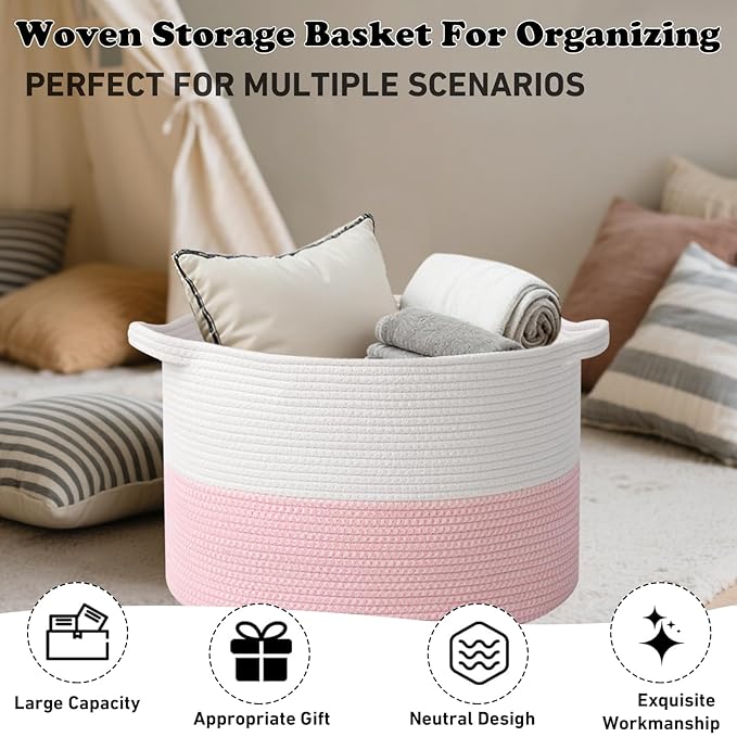 Large Storage Basket with Handle,19.7" L x 19.7" W x 13" H Blanket Basket Storage Bins for Organizing,65L Cotton Rope Woven Baskets for Living Room, Nursery,Bedroom,White&Pink