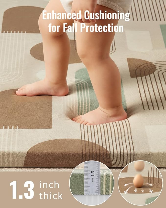 Blissful Diary 1.3" Thick Baby Play Mat, 71x59 Playpen Mat with Removable & Washable Cover, Ultra Soft Crawling Rug for Floor, Foam Cushion & Non-Slip Backing for Kids, Toddlers, Earth Tone Rainbow
